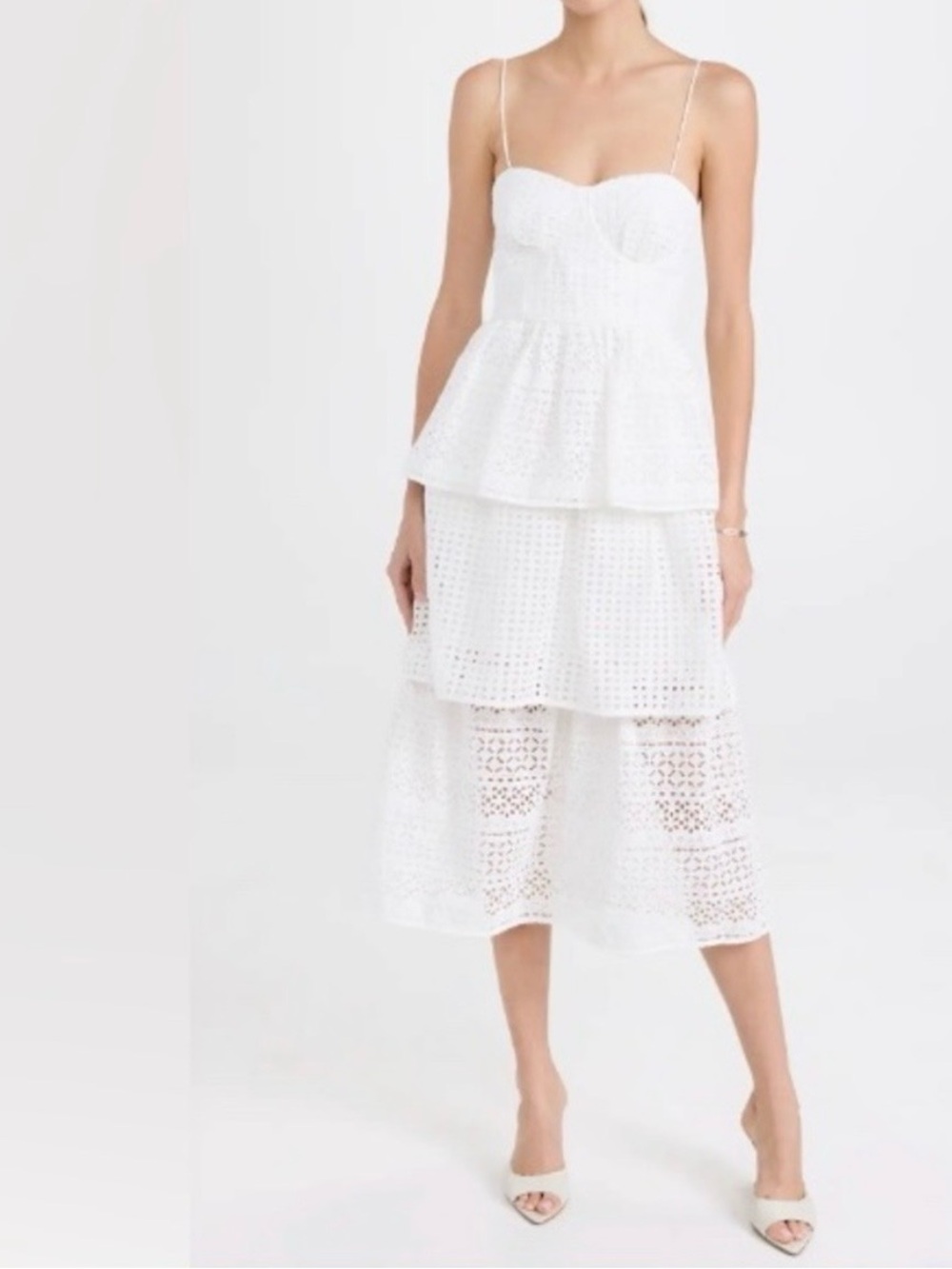 Self-Portrait White Eyelet Broderie Tiered Midi Dress